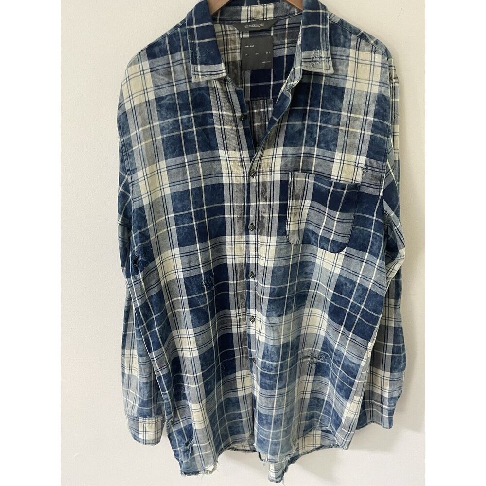 Zara Blue and White Plaid Casual Button-Down Shirt